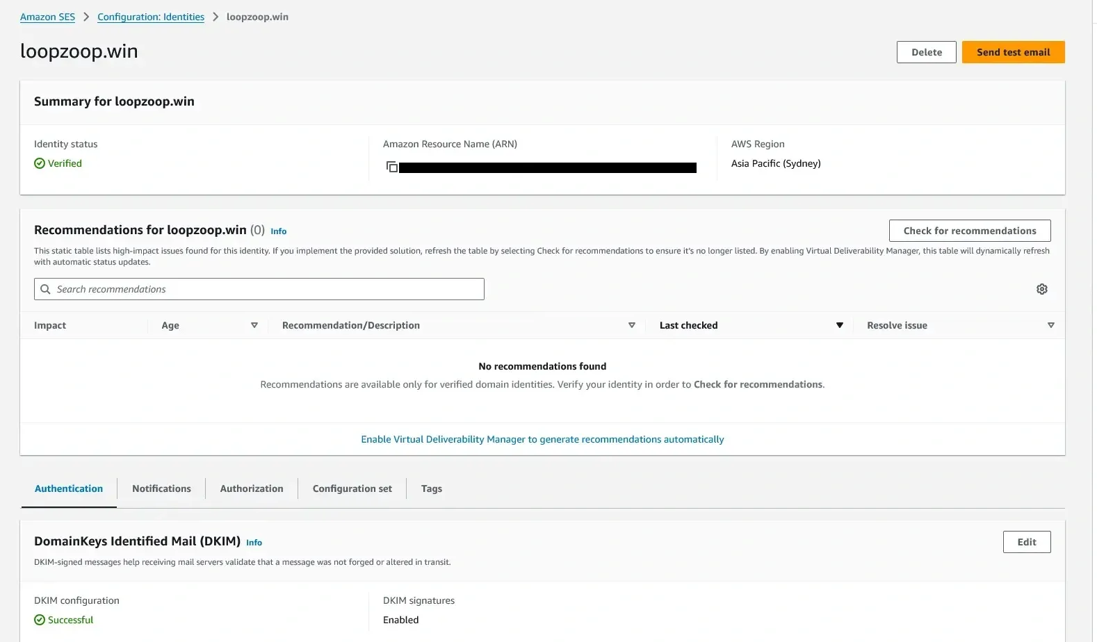 AWS SES domain identity verification success