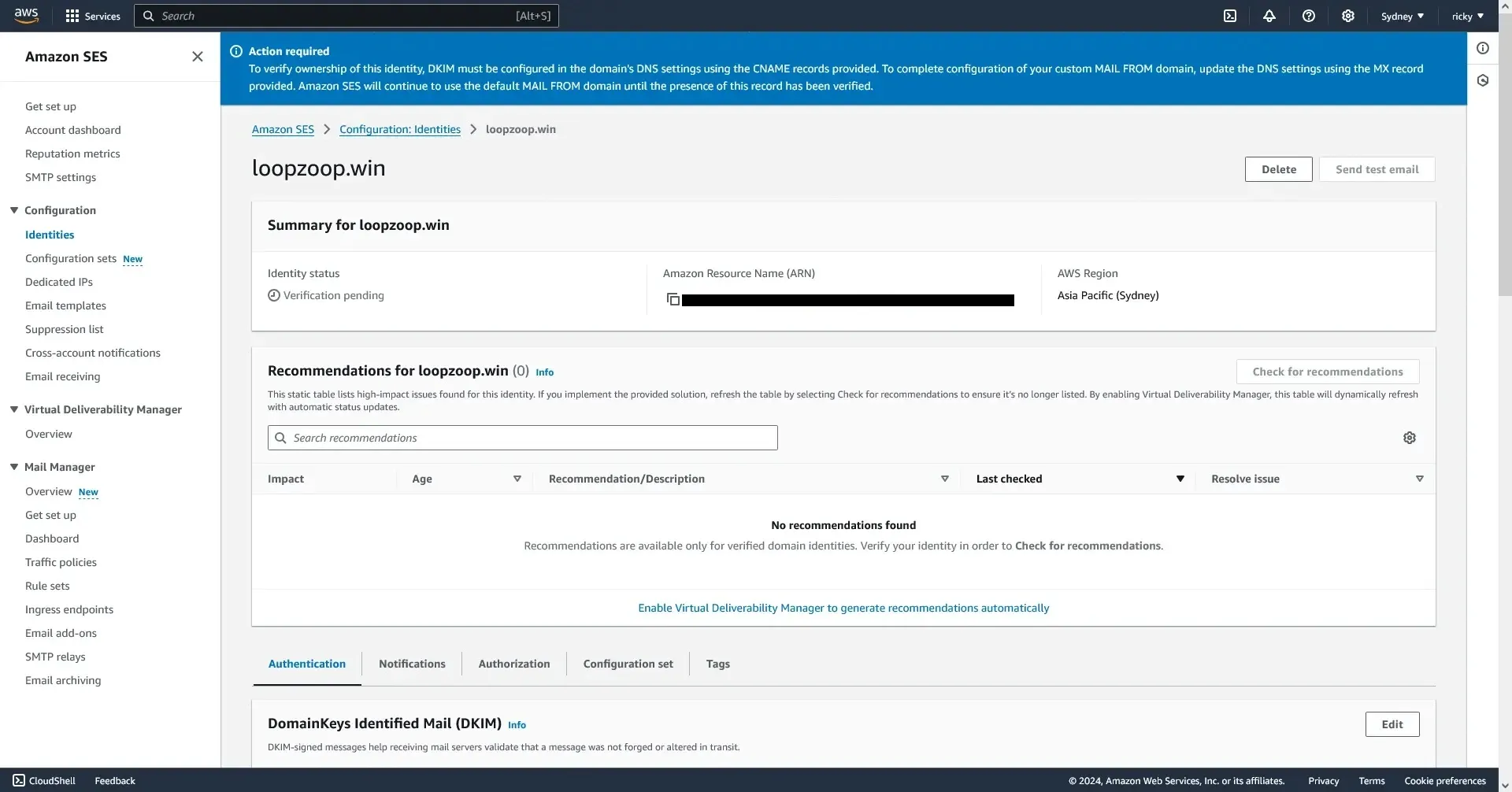 AWS SES domain verification