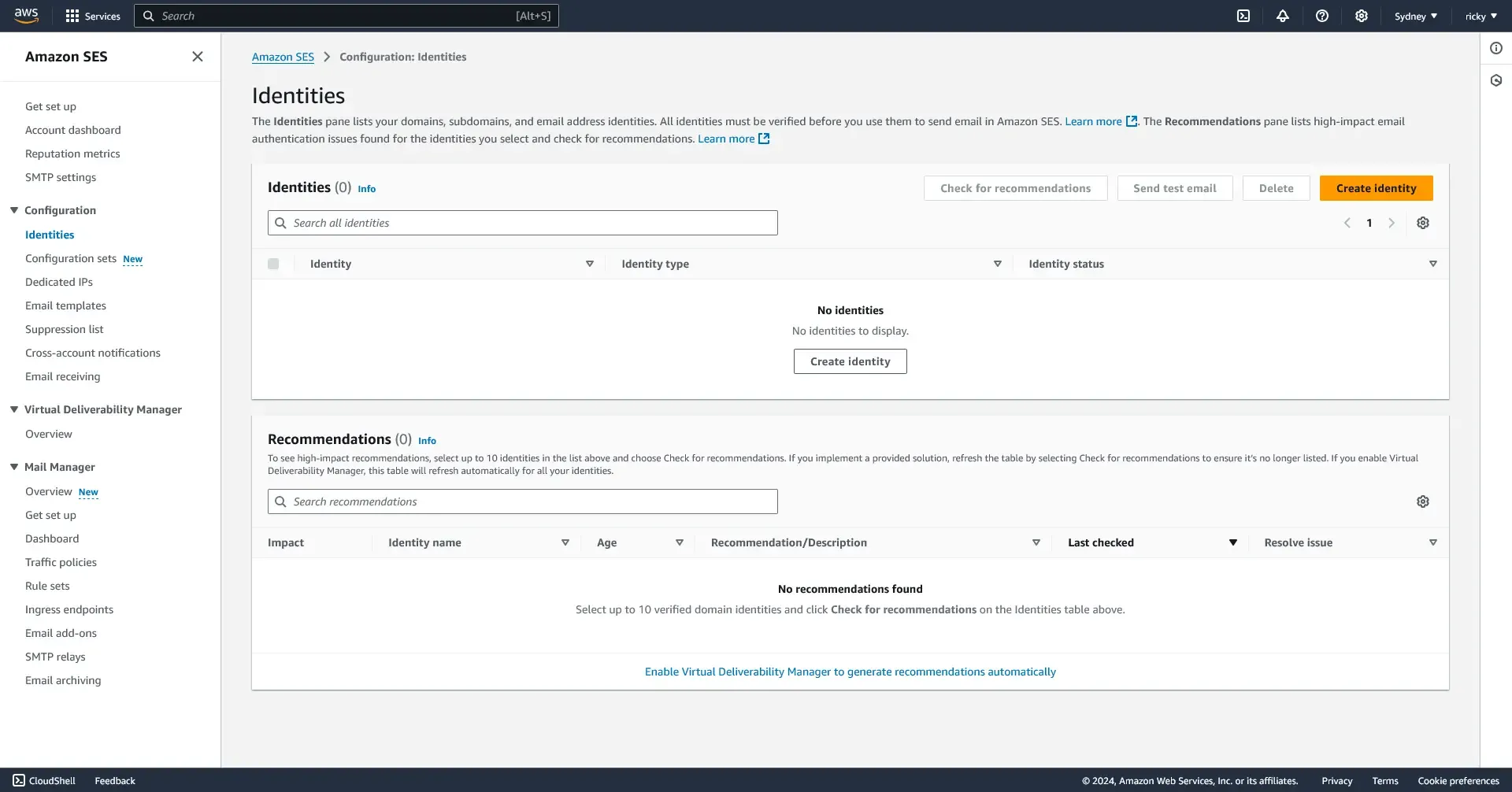 AWS SES identities dashboard