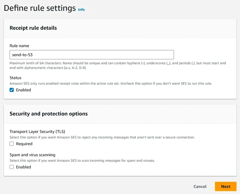 AWS receiving rule definition