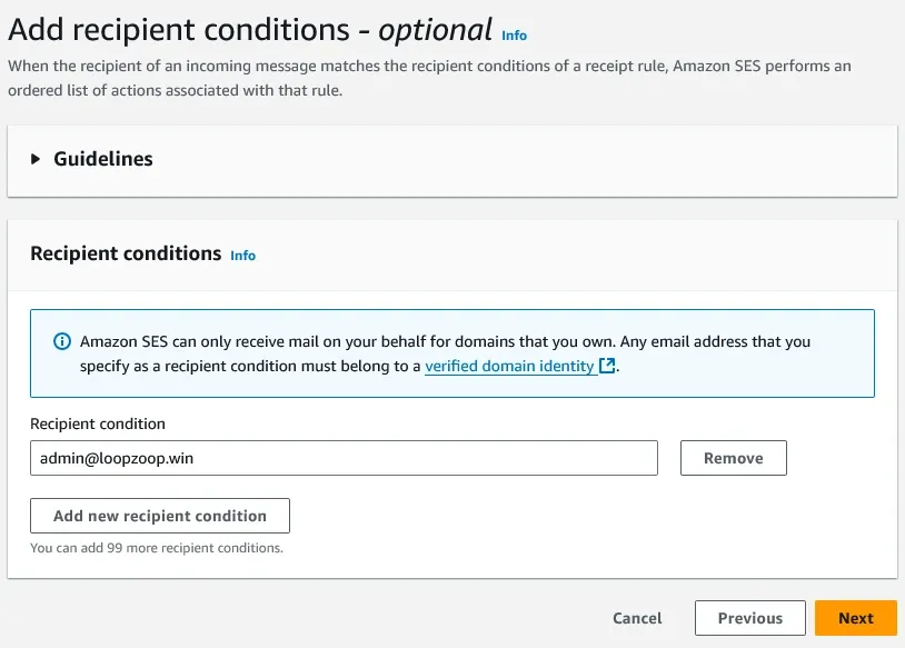 AWS receiving rule recipient condition 