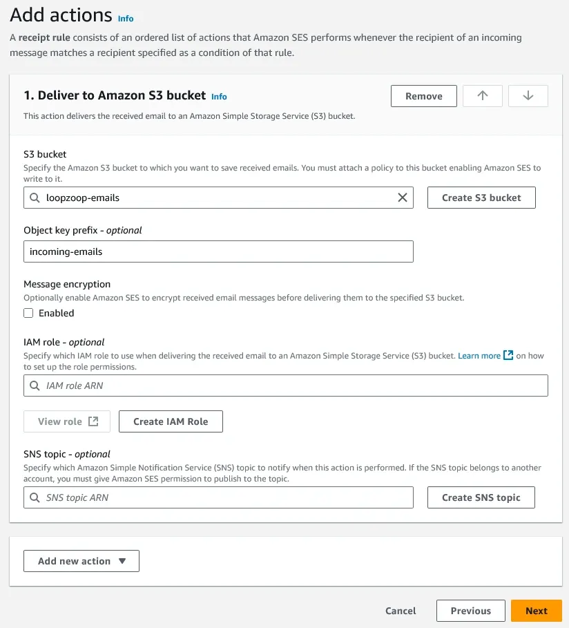 AWS receiving rule action to s3