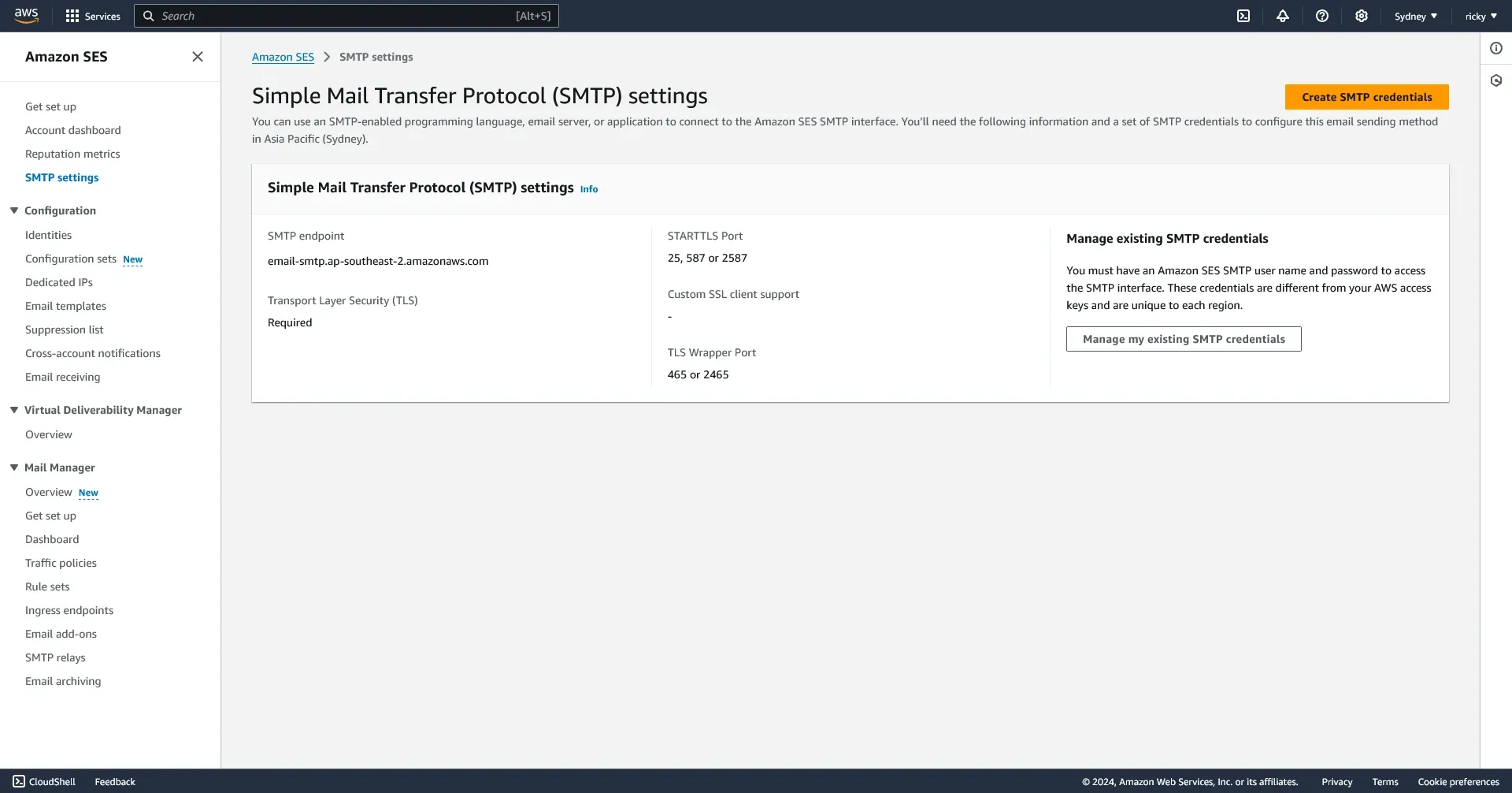 AWS SES SMTP dashboard